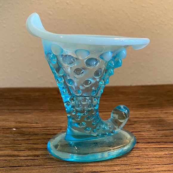 Fenton Blue Opalescent Hobnail Horn of Plenty 
Small Vase - Picture 8 of 8